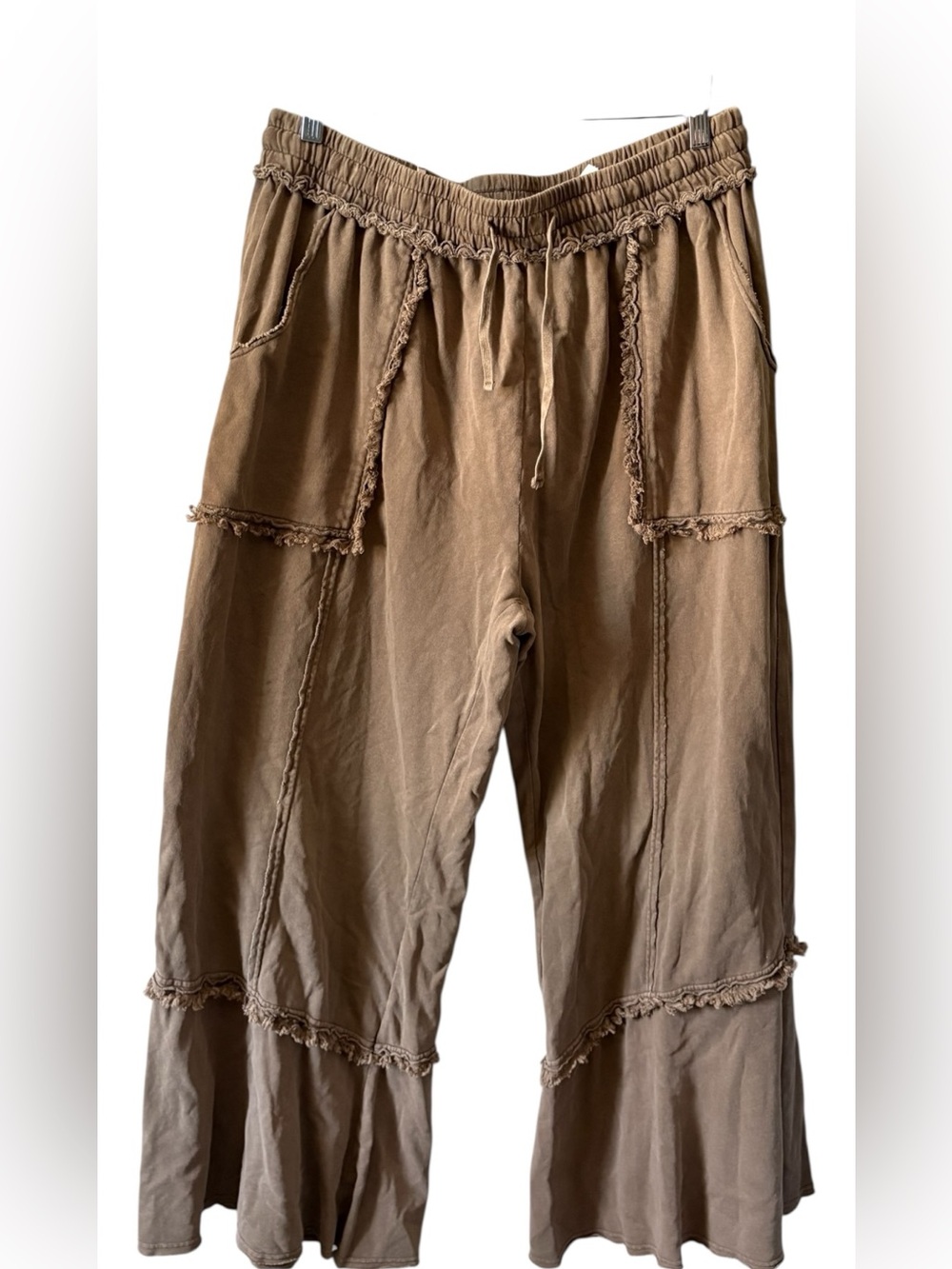 Easel Mineral Washed Terry Knit Wide Leg Frayed Edge Brown Lounge Pants 3XL Boho - Picture 3 of 15